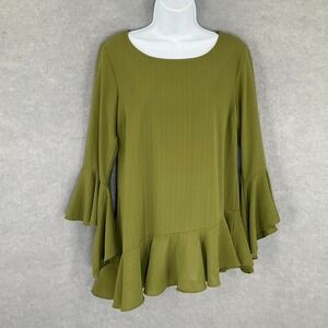 Umgee Top Womens Sz‎ S Olive Green Ruffle Bell Sleeve Blouse Forest Fairy Boho